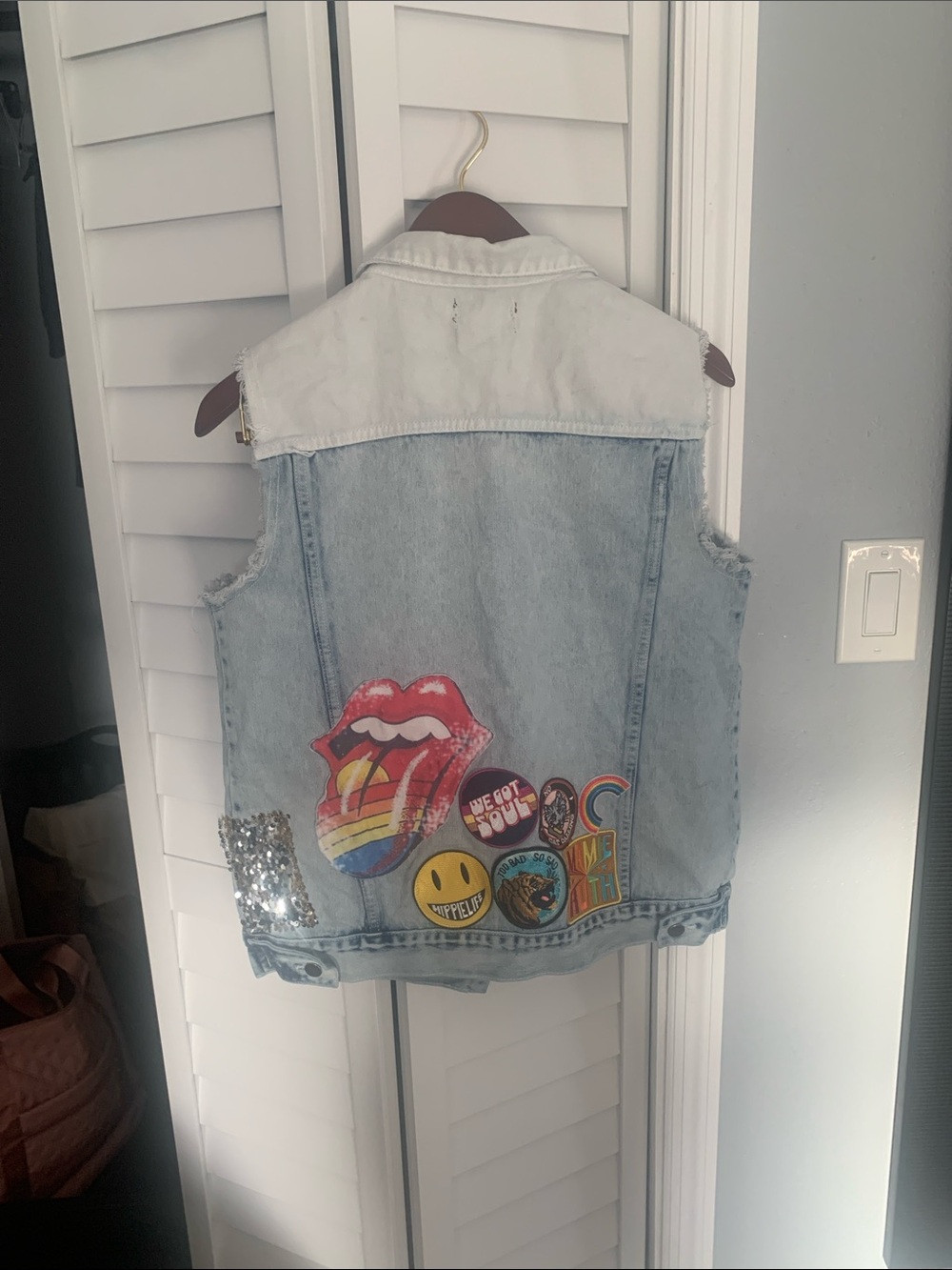 Upcycled One Of A Kind Light Wash Denim Patchwork Jean Vest with Sequin Accent